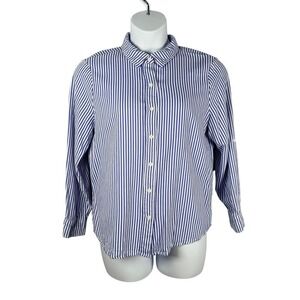 Blue Sol Button Front Shirt Women Large Striped Linen Rayon 3/4 Roll Tab Sleeves